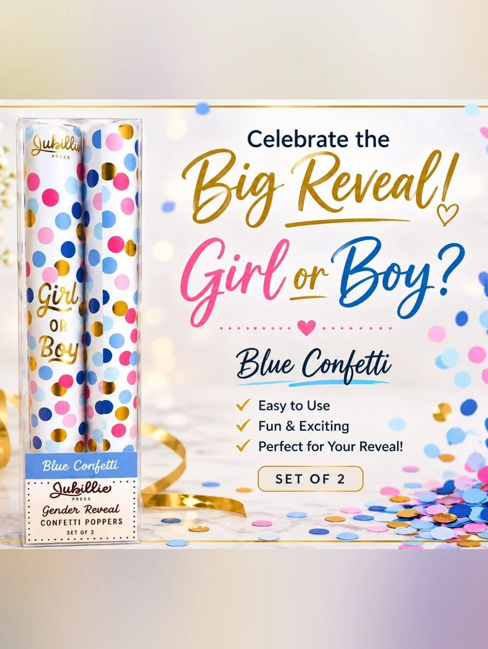 New! Gender Reveal Confetti Poppers Set of 2 - Baby Boy! Blue Confetti 🎉🎉